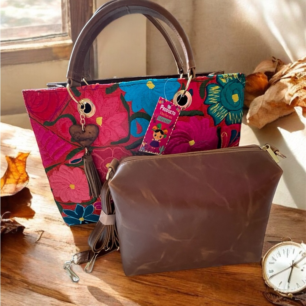 Vegan handbag, floral handbag, Brown leather handbag, Vegan bag, Vegan leather